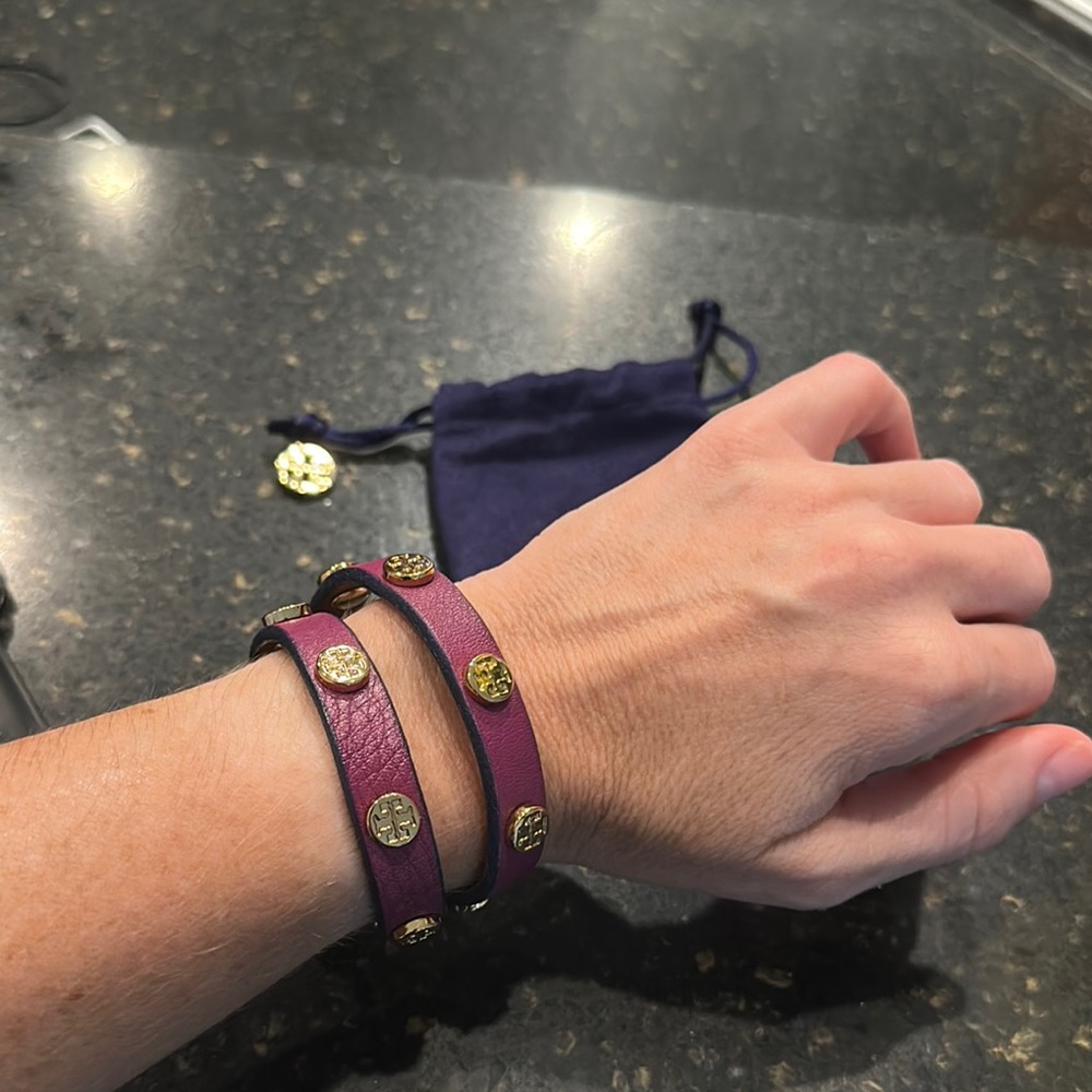 Tory Burch Purple Leather Bracelet with Gold Studs